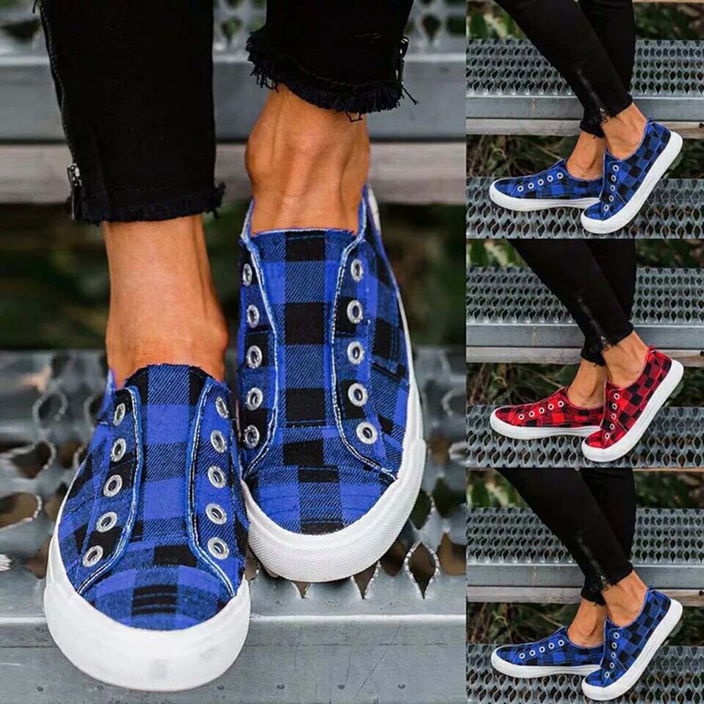 Plaid Canvas Shoes US6-10.5 Full Size to Choose From in White Red Blue DOM1061572