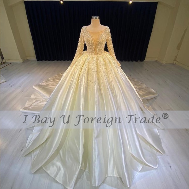 Video Shows Our Workmanship Luxury Pearl Beaded Satin Wedding Dress 2021 Princess Full Beading Long Sleeve Puffy Bridal Gown