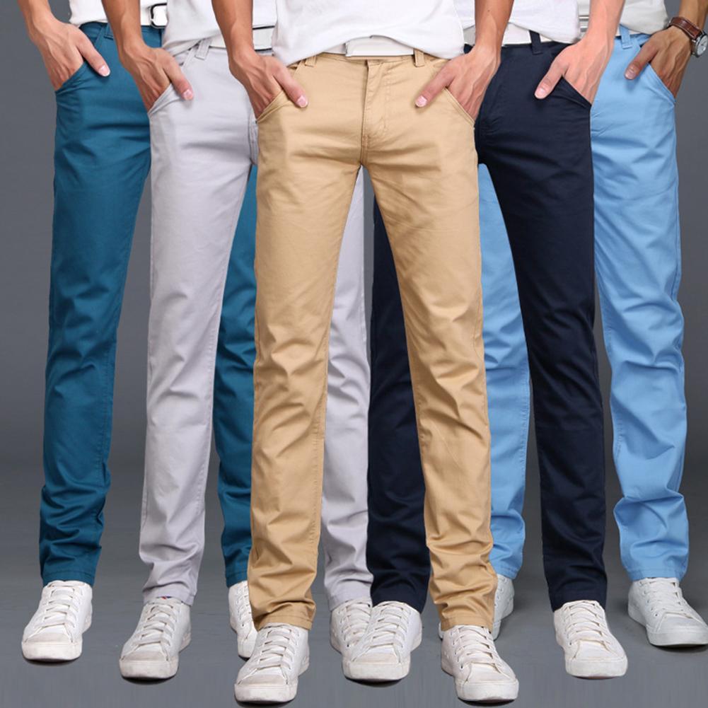 Men Solid Color Button Cotton Straight Long Pants Pockets Business Trousers