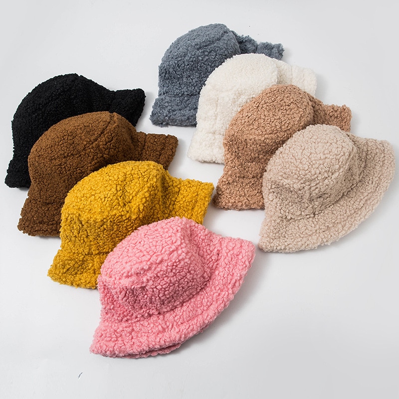 Women Hat Solid Artificial Fur Warm Female Cap Faux Fur Winter Bucket Hat for Women Outdoor Sunscreen Sun Hat Panama Lady Cap