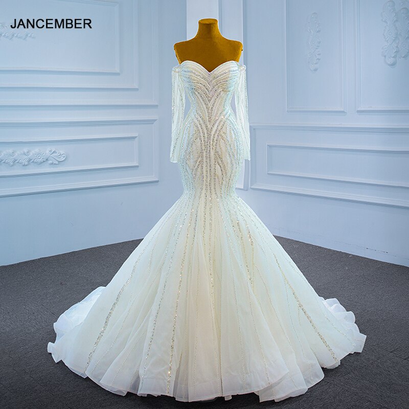 J67242 JANCEMBER Sexy Tight Transparent Lace Long Sleeve Wedding Dress Sweetheart Collar 2021 Beaded Metal Sequined Gown