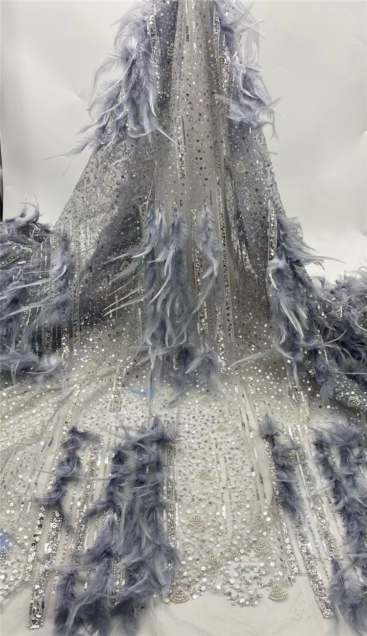 2021Hig-End Quality Luxury Cassic Gray Lace Elegant Embroidery Feathers Tulle Fabric for Bridal Wedding Dress NN688-A