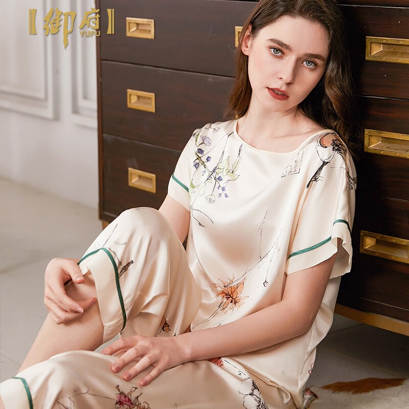 Yufu 19 mm heavy silk pajamas women's summer short sleeve two piece printed silk home clothes