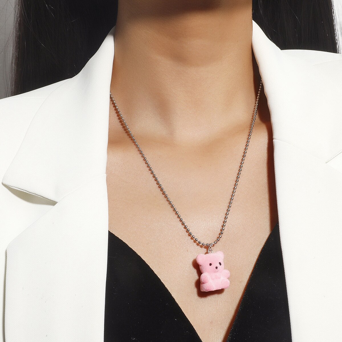 Candy Color Gummy Mini Bear Necklace For Women Cute Teddy Pendants Necklaces Animal Charm Jewelry Silver Color Ball Chain Choker