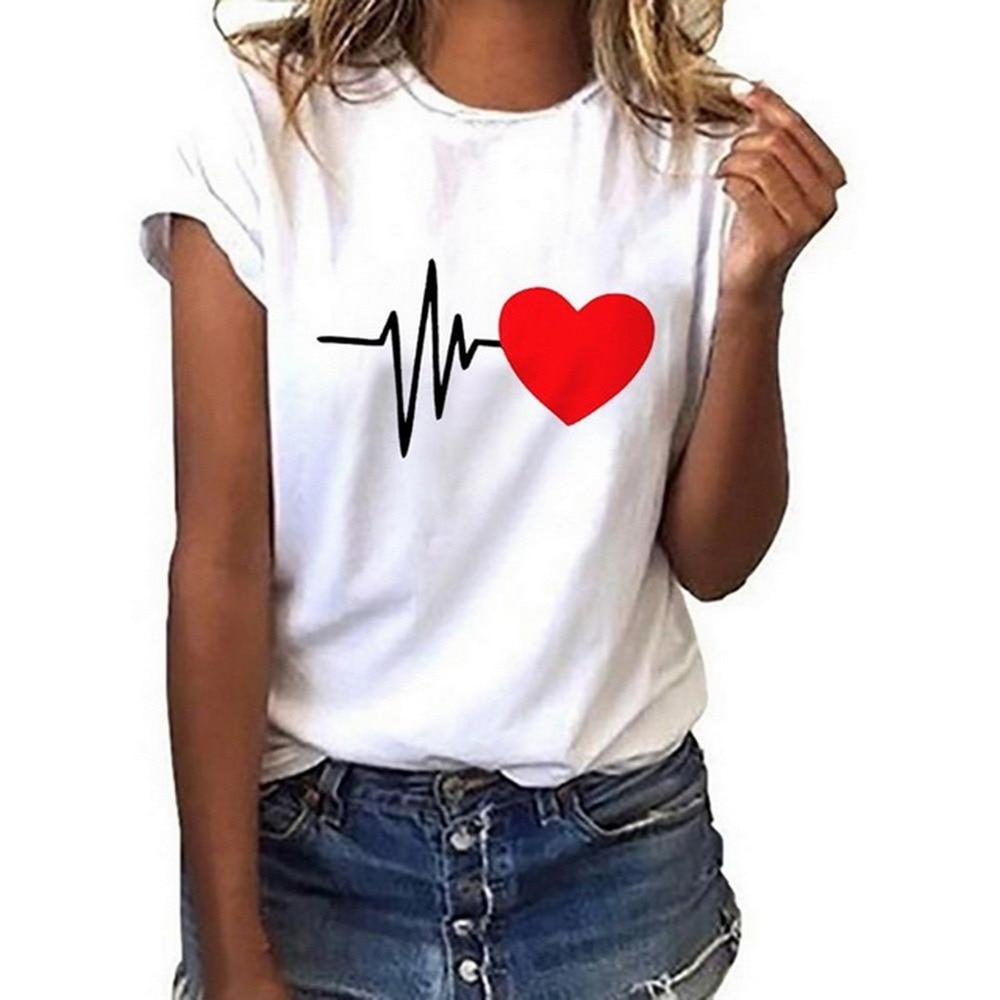 Laamei Summer Heart Printed T Shirt Ladies Casual Harajuku Graphic Short Sleeve Women Valentine's Day T Shirt O Neck Top Tees