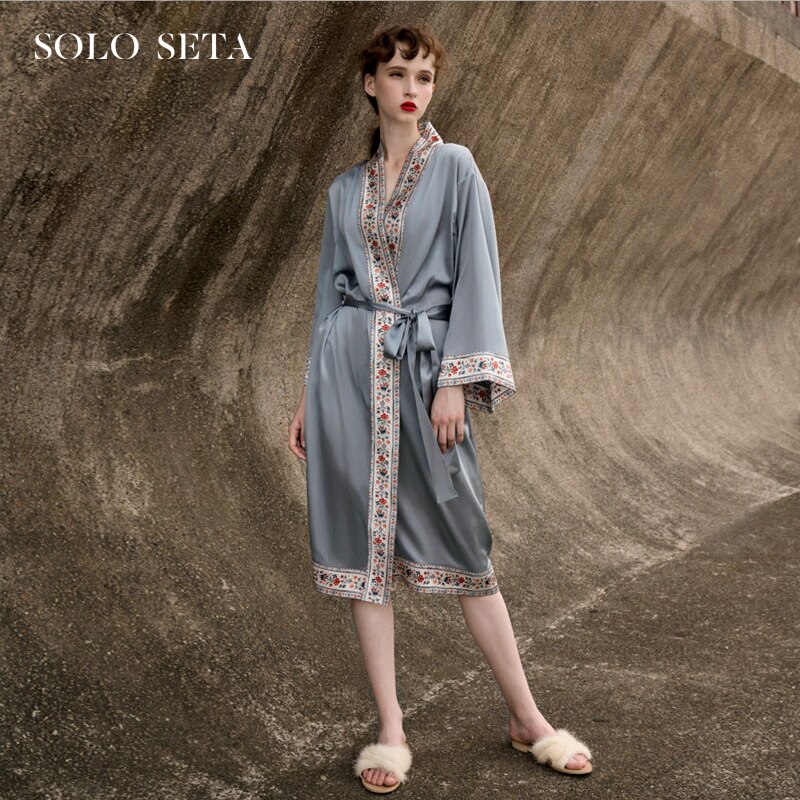 Soloseta heavy silk robe female 100% mulberry silk bathrobe teamed silk printing outer wear a household to take