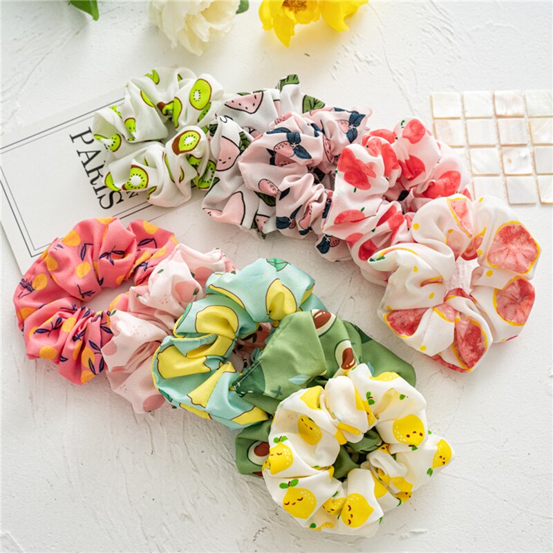 Fruit Printed Hair Scrunchies Avocado Lychee Elastic Hair Rubber Band Women Grils Fashion Sweet Hair Rope Ponytail Holder