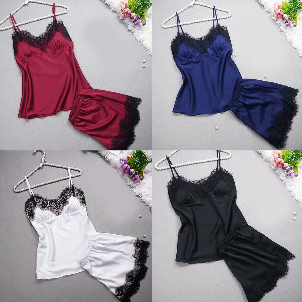 Pajama Sets Women Sleepwear Sleeveless 2021 Strap Nightwear Lace Trim Satin Cami Top Pajama Sets Sleepwear Pijama Sexy De Chica