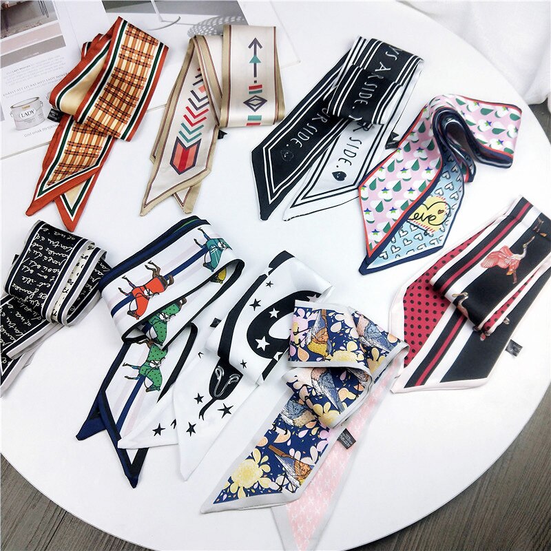 Narrow Print Satin Long Small Scarf DIY Bag Wrist Ribbon Hair Band Hair Ties Scarves Korean Women Girl Elegant Bag Accessories