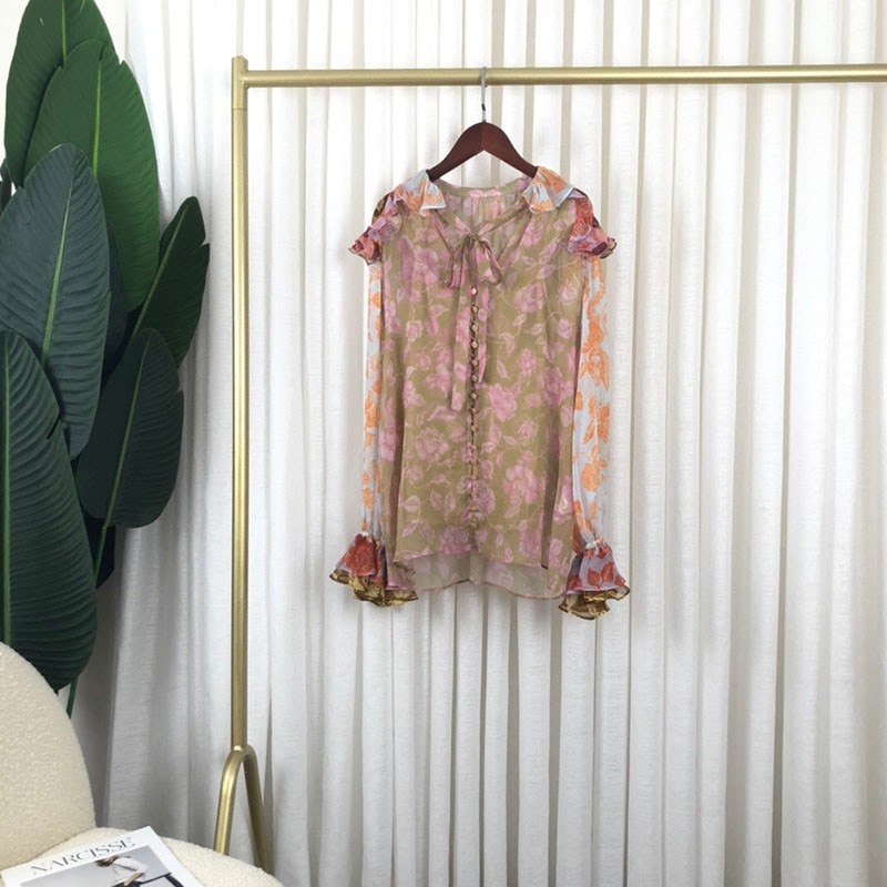 2021 Spring New High Quality Ladies Luxury Vintage Elegant Shirt 2 Pieces Floral Print Ruffles Bow TieNature Silk Blouses