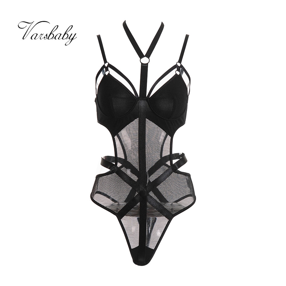 Varsbaby Wholesale Sexy Bodysuit Hollow Out Strap Halter-neck mesh one-piece underwear For Women