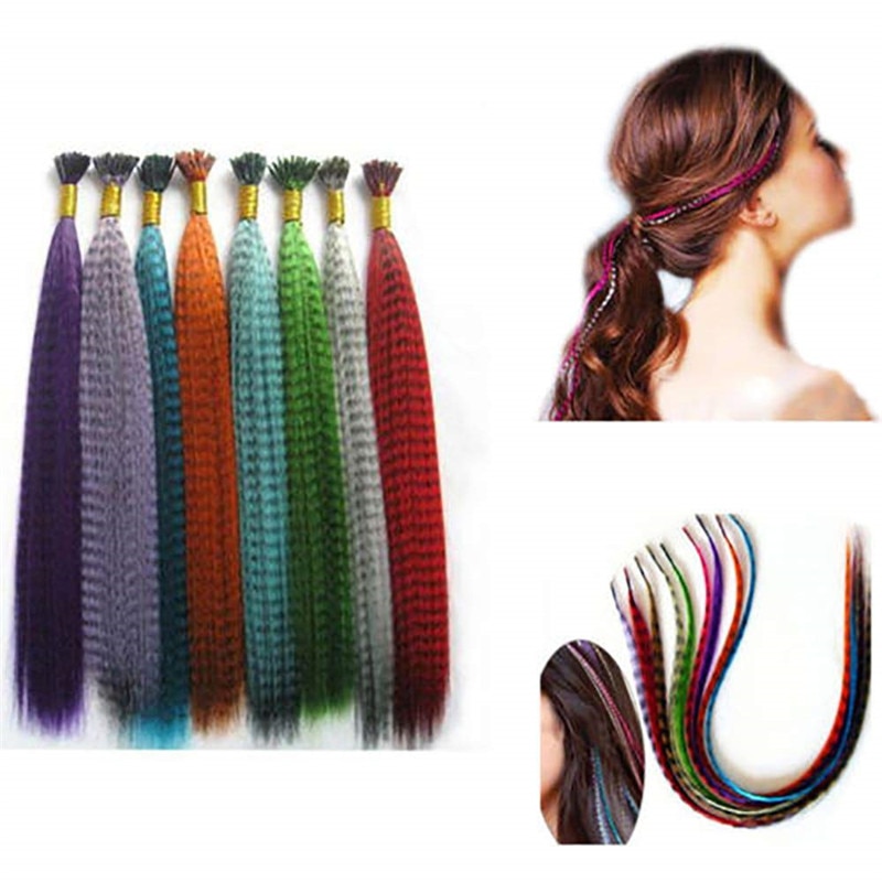 Synthetic False Strands Of Feather Hair Extensions Colorful Rainbow Hair Tress For Girls