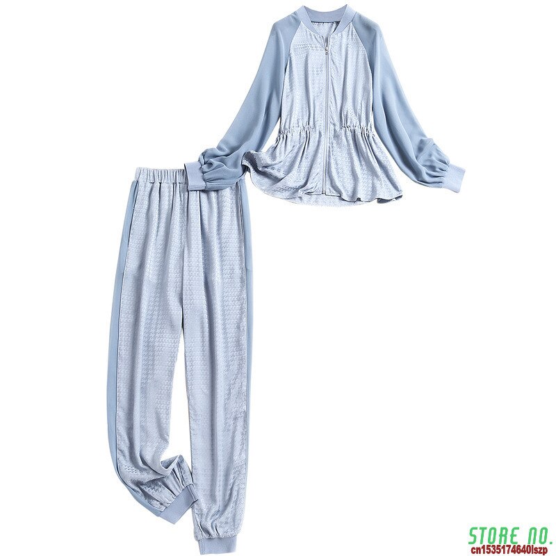 2021 Spring New Fashion Leisure Women's Jacket Pant 2 Pieces Set Suit Clothing Soft Rayon Chiffon Patchwork Matching Clothing