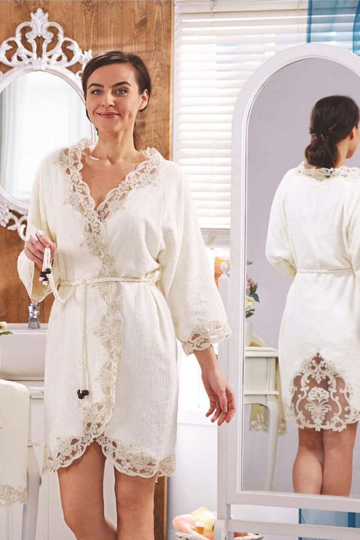 Elena Cream Ladies French lace Dowries Bride Bath Honeymoon Women Robe Set