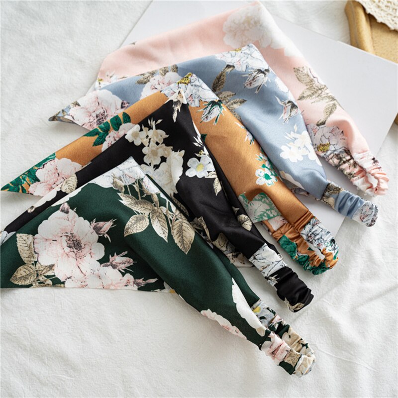 Satin Rose Flower Triangle Hair Scarf Headband Hair Elastic Hair Bands DIY Flower Print Hair Bands Girls Hair Accessories 2021