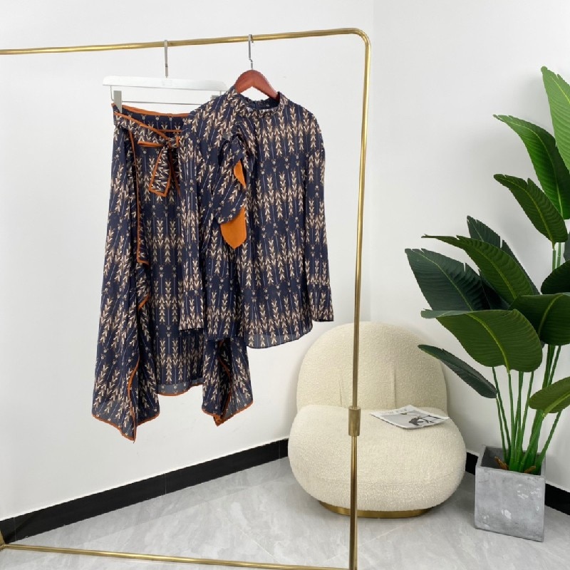 2021 Spring New Ladies Vintage V letter Pint Long Sleeve Natural Crepe Silk Blouses and High Waist Unique Designer Skirts Suit