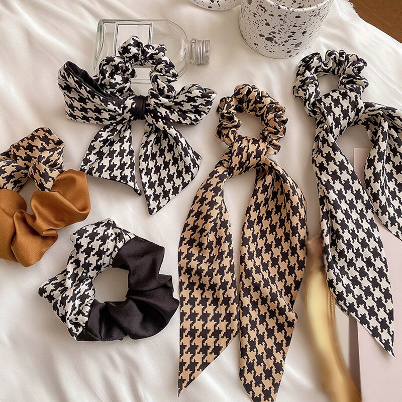 Women Bow Ribbon Hair Ring Elastic Hairband Long Streamer Hair Rope Scarf Lady Houndstooth Headband Ponytail Hair Accessories