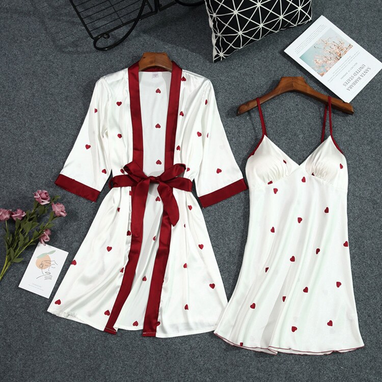 Lisacmvpnel Summer New Print Women Robe Set With Belt Chest Pad Sexy Bathrobe Satin Soft Touch Pyjamas
