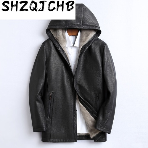 JCHB 2021 Real Mink Fur Coat Men Winter Genuine Leather Jacket Men Cowhide Leather Coats Hooded Natural Mink Fur Lining Warm KJ