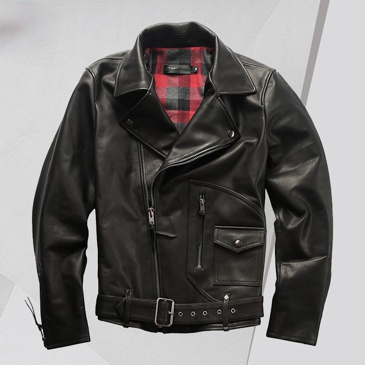 Motorcycle Genuine Leather Clothes Men's Factory Direct Supply Oblique Zipper Belt Cowhide Leather Jacket Men Clothing