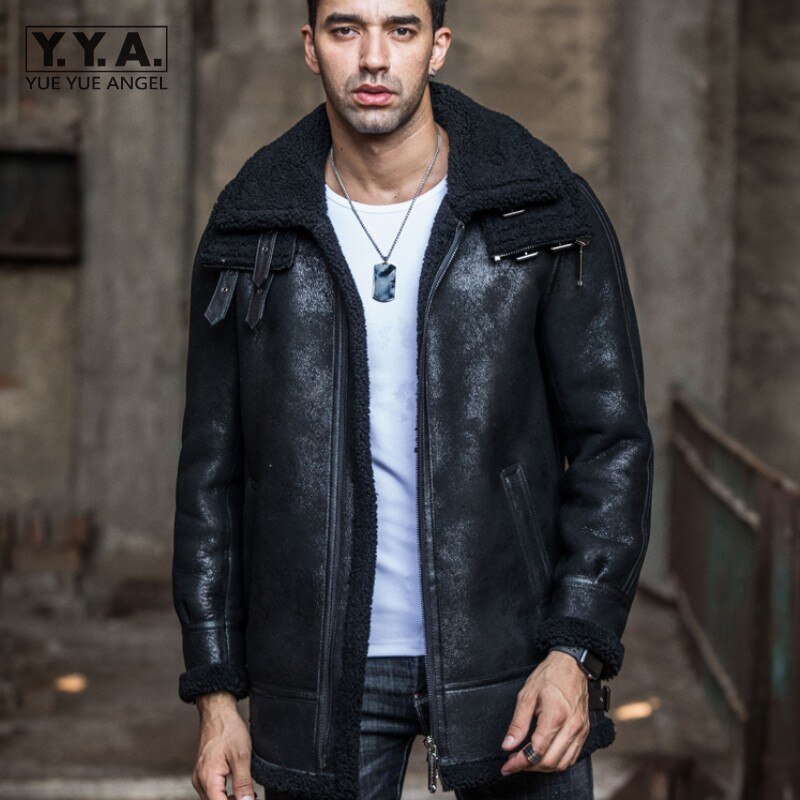 Natural Sheepskin Shearling Coat Winter Mens Hooded Motorcycle Jacket Thick Warm Wool Liner Genuine Leather Overcoat Large Size