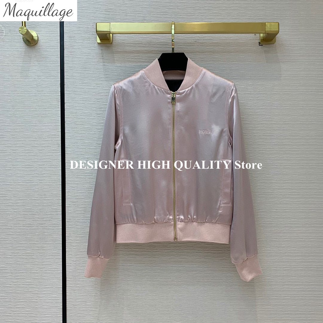 Streetwear 2 Piece Set Women Jogging Suits Acetate Silk Contrast Color Bomber Jacket With Long Pants Suit Fashion Chic Outfit