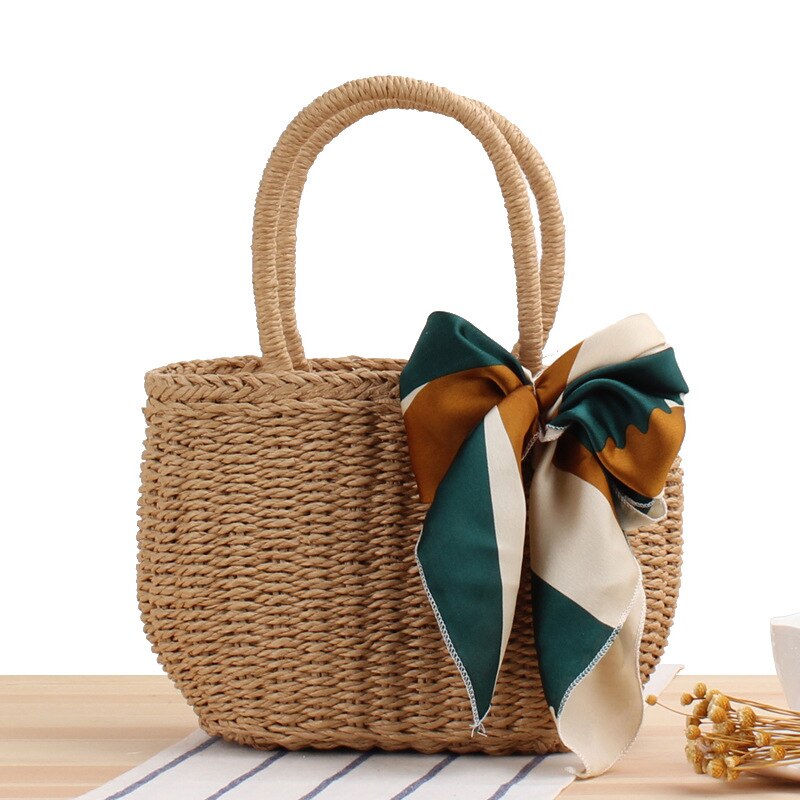 2021 New Bohemian Small Knitting Summer Purse Women String Straw Handbag Vacational Bucket Beach Bags