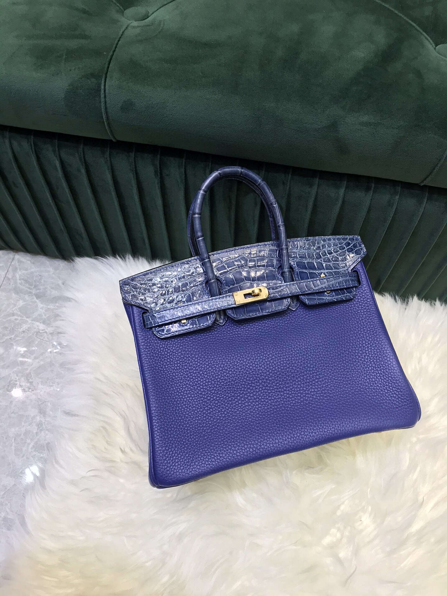 Fully HANDMADE BRAND Handbag,25CM,Blue Crocodile with TOGO Leather,Luxury purse,Wax line stitiching,Fast delivery