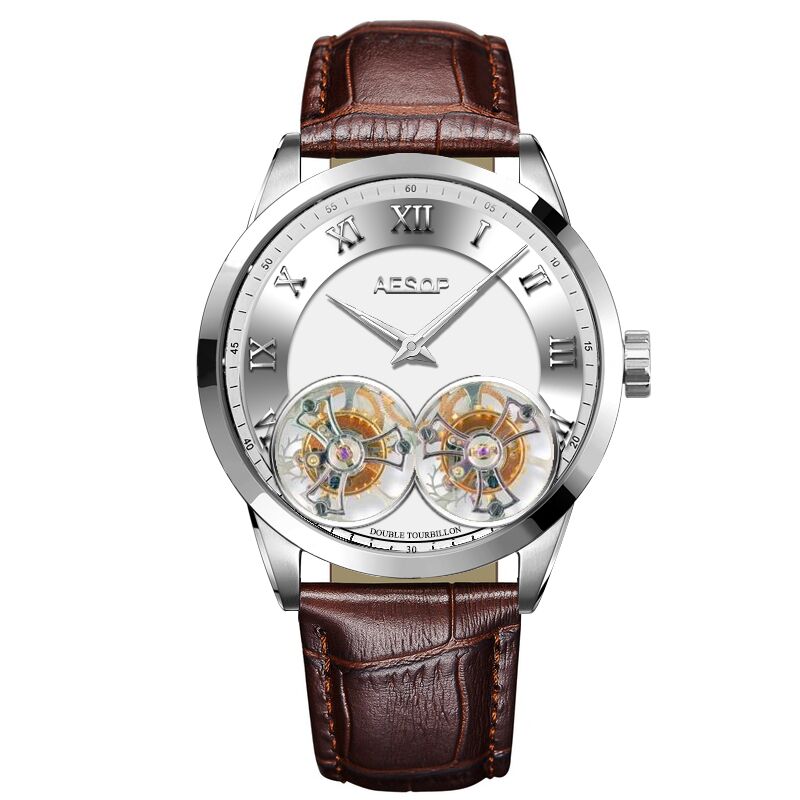 Limited Edition Mechancial Watch Aesop Double Tourbillon Movement Two Sides Sapphire 10ATM Waterproof Skeleton Stainless Steel