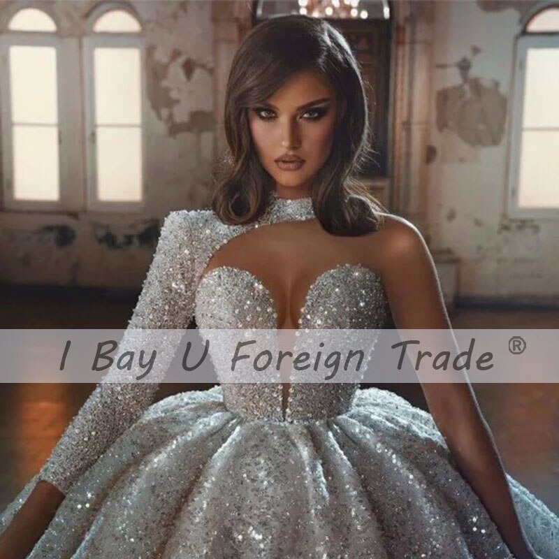 100% Princess Luxury Full Beading Wedding Dress 2021 Wedding Gowns Single Sleeve Stunning High Neck Bridal Dresses