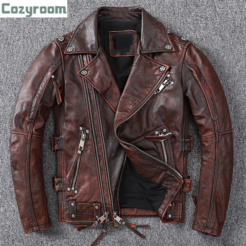 2021 Vintage Brown Motorcycle Style Genuine Leather Jacket Men Large Size 5XL Real Natural Cowhide Spring Slim Fit Biker's Coat