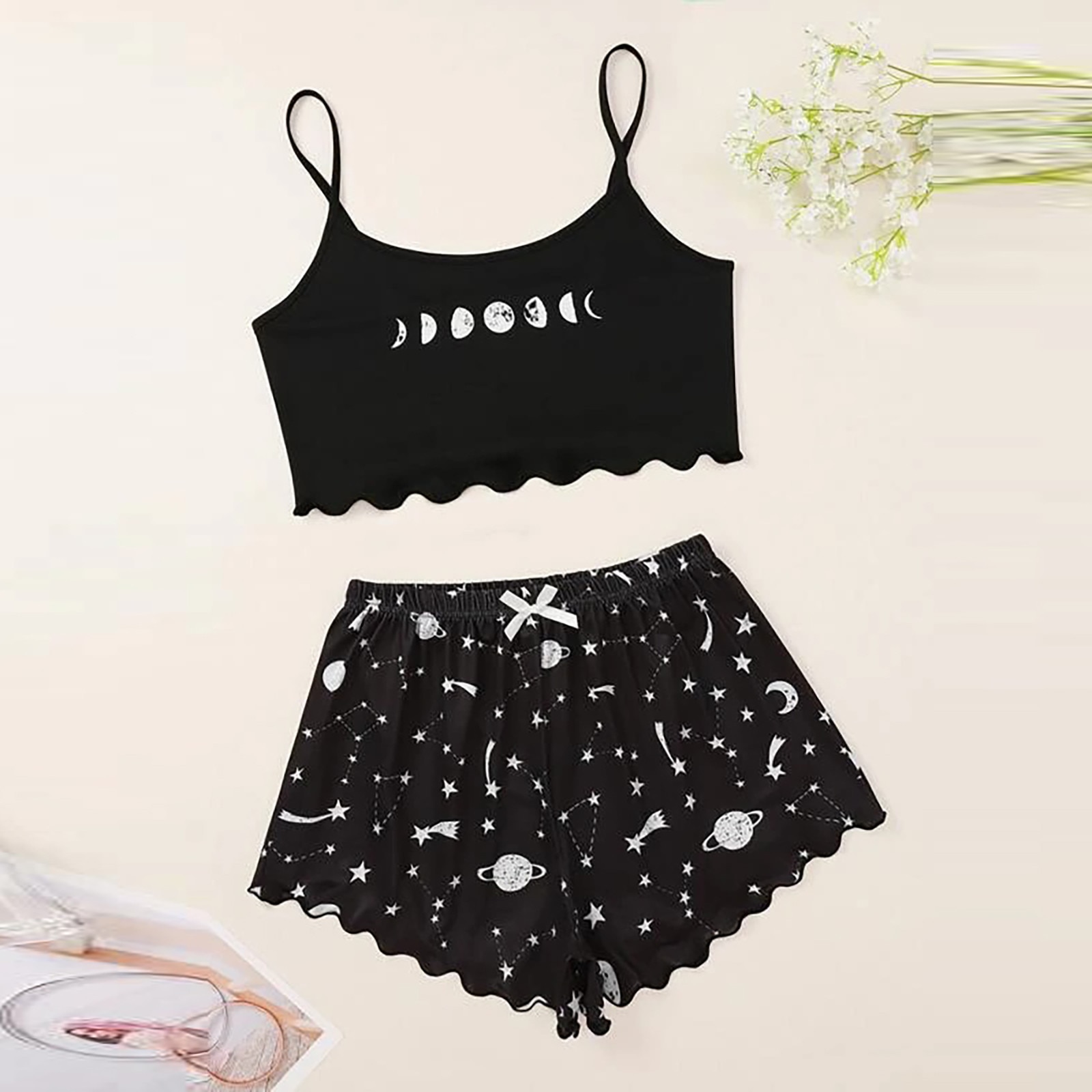 #56 Pajama Sets Black Suit Women Fashion Sexy Print Sets Wear Lounge Wear Home Sleep Set Camisole Tops+pants Huispak Vrouwen