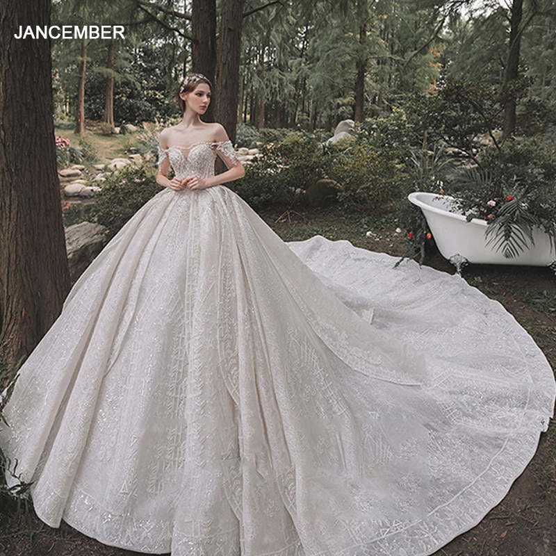 LDR53 French Style Off-shoulder Wedding Dress Bridal Tail Women's White Luxury Applique Printed Gown Vestido De Fiesta De Boda