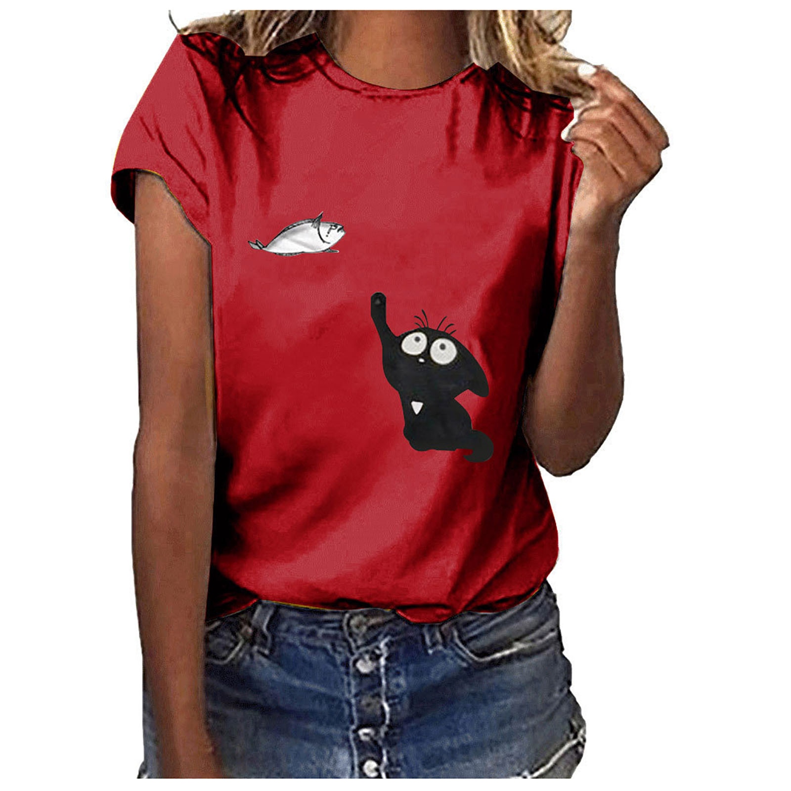 Women's New T Shirt Cat Summer Print Sleeved Short Neck Round Sexy Loose Top Fashion Strapless Plus Size Clothing