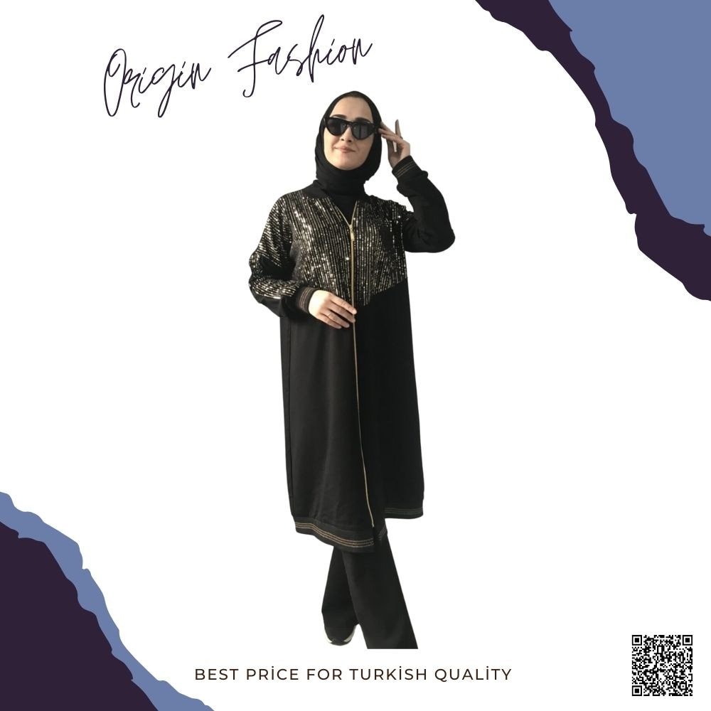 2021 Seasonal Sportswear Women Outfit Gold Detailed Zippered Black Tracksuit Set Women Clothes Dubai Abaya Muslim Dress Turkey