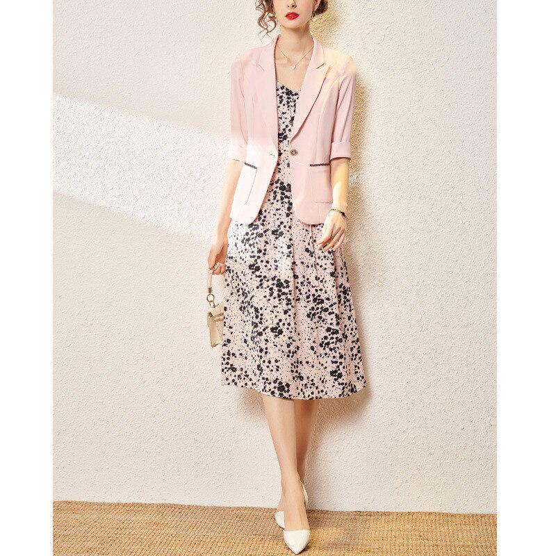 Tracksuit Woman 2 Two Piece Set Spring Autumn Clothing Solid Coat And Print Midi Maxi Dress Suits Elegant Fashion Female Outfits