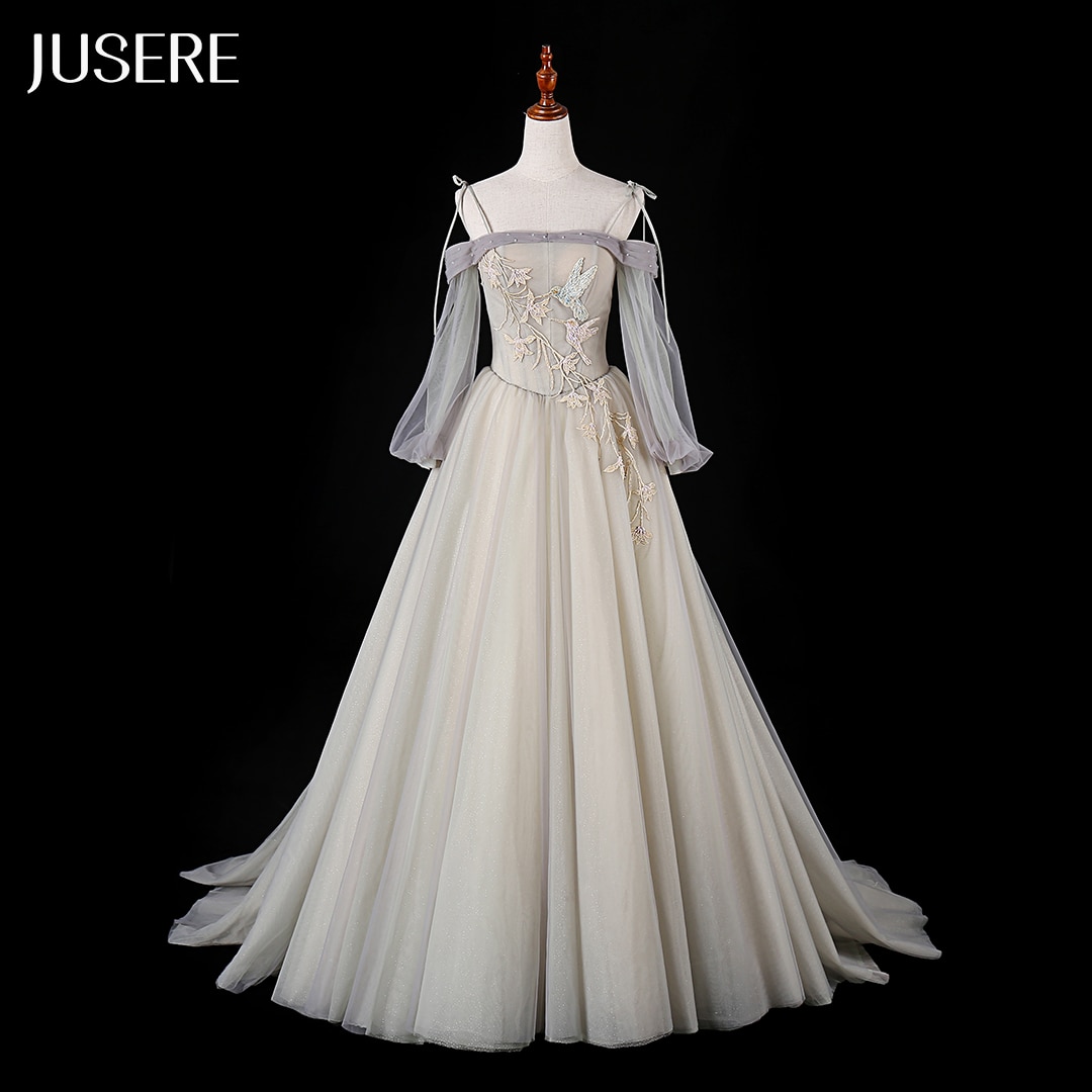 long sleeves Beaded Evening Dress Tulle Party dress with Sweep Train A-line Long dress off-the shoulder evening gown