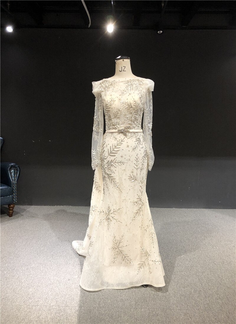 ZiadNakad Heavy Snow Beads Real Photos Mermaid 0-neck Full Sleeve Floor Length Party Prom Dancing Women Evening Dresses Gown