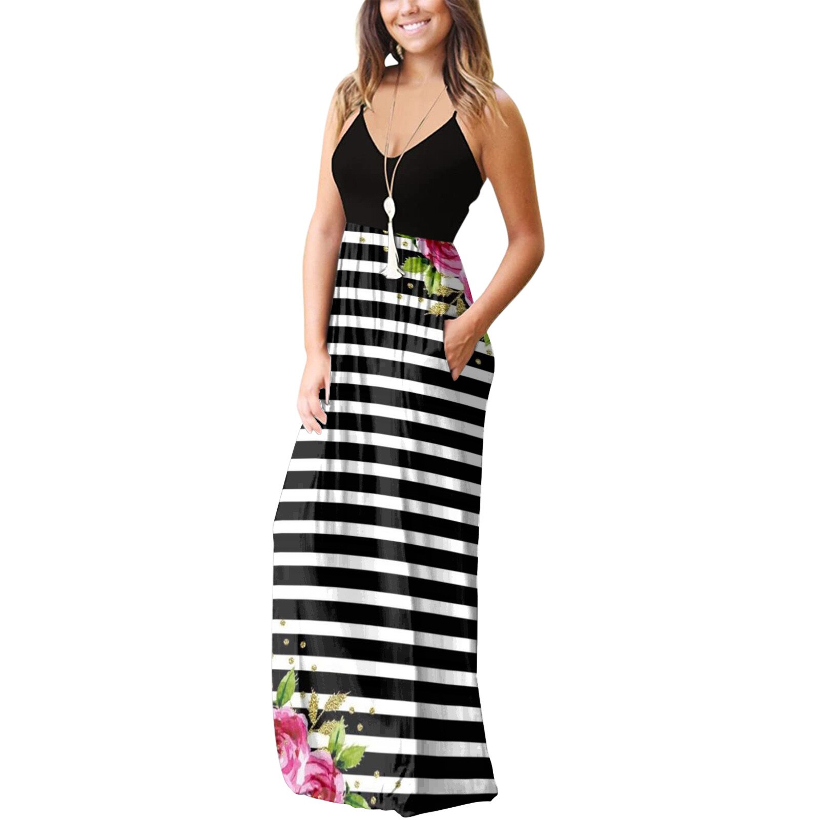 Women's Sleeveless Pocket Casual Floral Printing Beach Long Maxi Loose Dress женское платье femme robe kobieta sukienka vestido