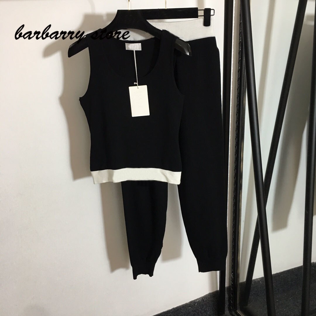 2021 luxury brand pure color women's knitting suit sexy temperament versatile knitting sling Vest + high waist slim casual pants