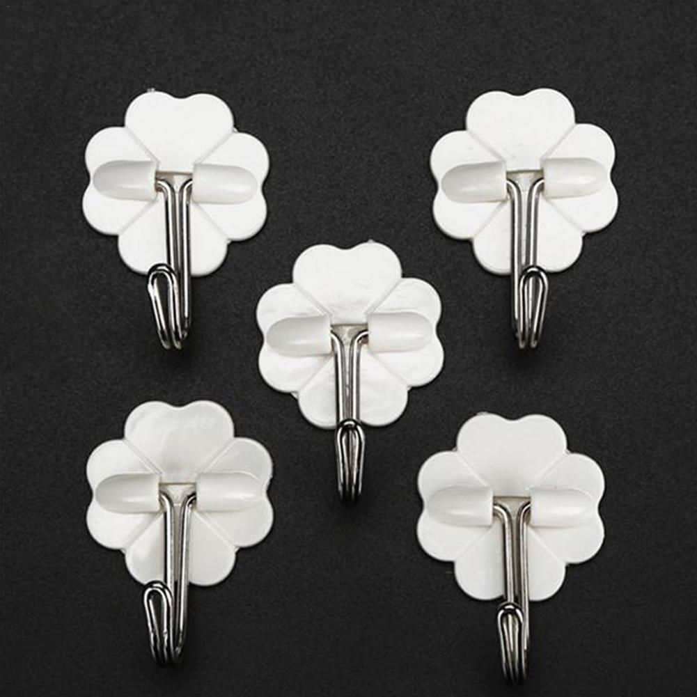 5Pcs Set Kitchen Bathroom Plastic Adhesive Hook Wall Hook Steel Rack Strong Hook Mount Sticky Hanger Stick W9C9