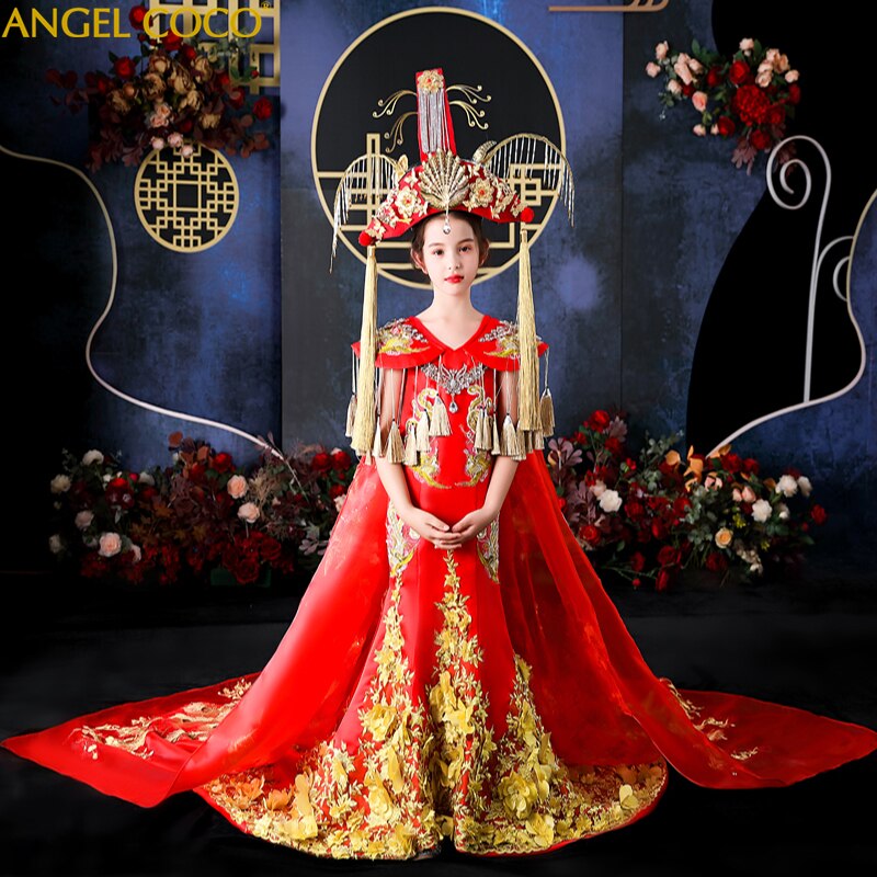 Gold Embroidery Royal Girls Dress Pageant Dresses For Children Princess Celebrations Party Prom Birthday Gowns Detachable Shawl