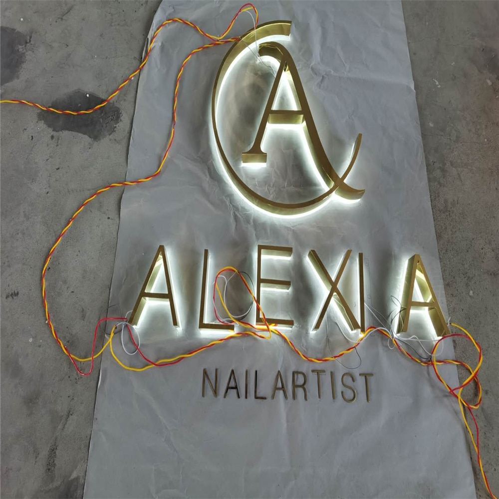 Factory Outlet Outdoor back lit golden color letter sign, stainless steel advertising led character restaurant name sign