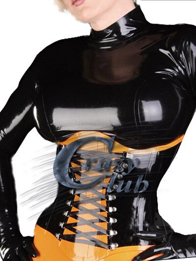 Crazy club_Latex Corsets Female Clothes Bicolor latex corset with knitting at front and back waist fetish corsets latex waist