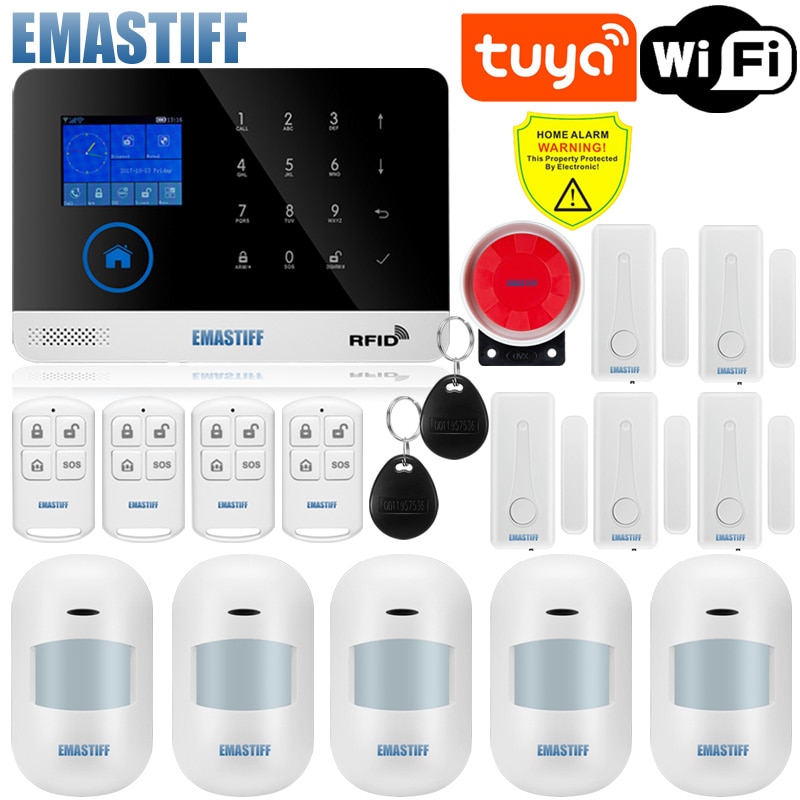 Wireless Tuya APP SIM GSM Home RFID Burglar Security LCD Touch Keyboard WIFI GSM Alarm System Sensor kit Russian,Spanish Voice