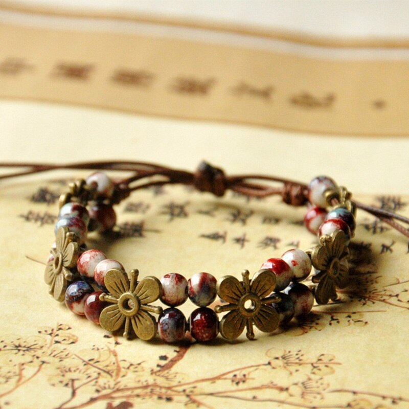 Bronze Flower Beaded Bracelets Weave Rope Cuff Bangles Ceramic Beads Charm Wristband Women Bohemia Jewelry Adjustable