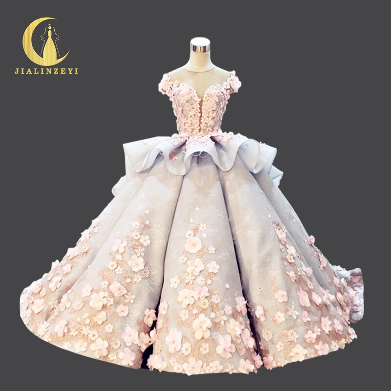 Rhine Real Picture New Arrival Sexy Deep V Neck Lace Appliques Pink Flowers Chapel Train Gray Blue Bridal Wedding Dresses