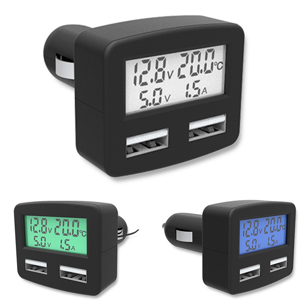 Universal 5 in1 3A Car-charger DC 5V Dual USB Ports Car Phone Charger with Temperature Voltage Current Display