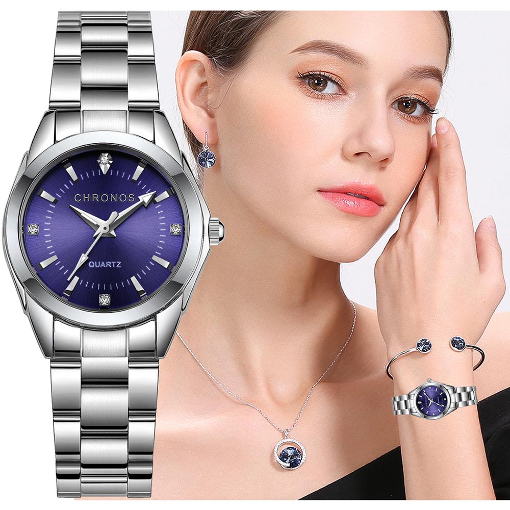 CHRONOS Women Stainless Steel Rhinestone Watch Silver Bracelet Quartz Waterproof Lady Business Analog Watches Pink Blue Dial