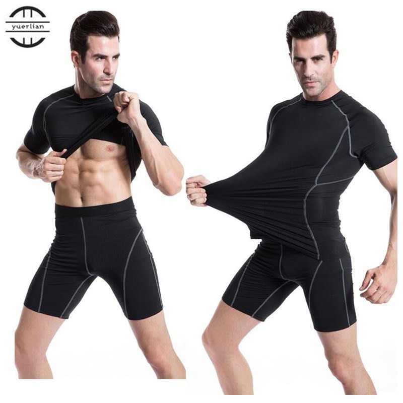 100p Men Pro Fitness Sets,Tight Fit T-shirt+Shorts,Cool High Elastic Sweat Quick-dry Wicking Sporting Short Sleeve Shirts+Boxers